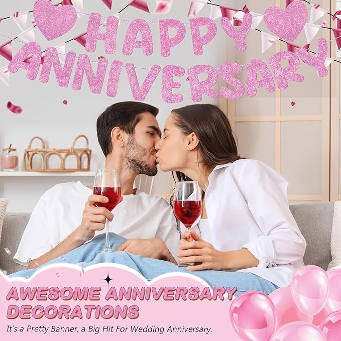 Fulmoon Happy Anniversary Banner Glitter Happy Anniversary Decorations Wedding Party Banner Romantic Decorations No DIY Pre-strung for Wedding Party Birthday Door(Pink)