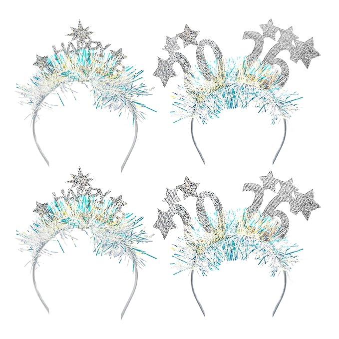 4 Pcs Happy New Year Headbands for Women 2026 New Year Eve Hairbands Party Supplies Holiday Headwear Decoration Gifts (Silver)