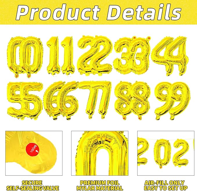 20 Pieces 2 Sets of 16 Inch Gold Number 0-9 Balloons – Foil Mylar Balloons for Custom Number Decorations, Birthday, Anniversary, Graduation, New Year, and Party Backdrops