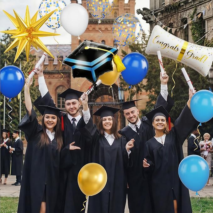 Blue Gold White Balloons Arch Kit, Blue White Balloon Arch with 4D Gold Star Graduation Certificate and Cap Foil Balloon, Royal Golden Confetti Balloons for 2026 Graduation Decoration Birthday Party