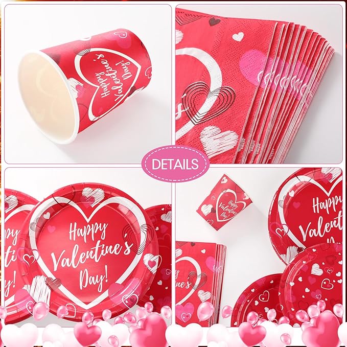 Jenaai 166 Pcs Happy Valentine's Day Party Supplies Valentine's Day Tableware Set Decorations Include Pink Love Banner Disposable Heart Plates Napkins Forks Cups Knives Spoons Balloons for Dinner