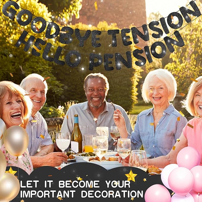 Retirement Banner Pre-Strung GOODBYE TENSION HELLO PENSION Banner Glitter Retirement Party Supplies Decorations for Women Men Office Home Decor (Black)