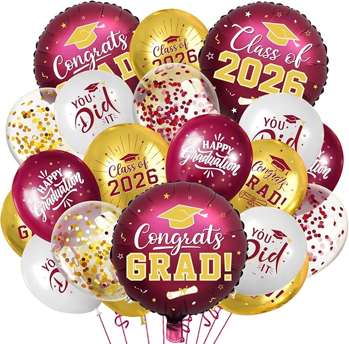 Maroon and Gold Graduation Balloons Graduation Decorations 2026, 51Pcs Grad Latex Balloons and Grad Foil Balloon with Confetti Ribbons Grad Party Decorations for College High School