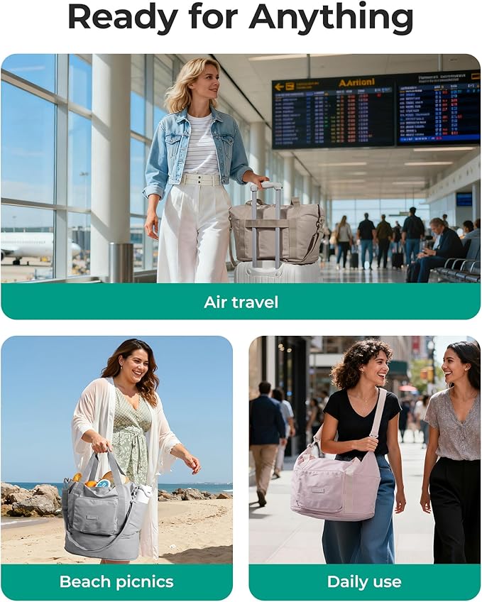 BAGSMART Foldable Travel Bag, 37L Expendable Personal Item Bag, Lightweight Weekender Bags for Women, Water Resistant Extra Carry on for Travel, Kelp Green