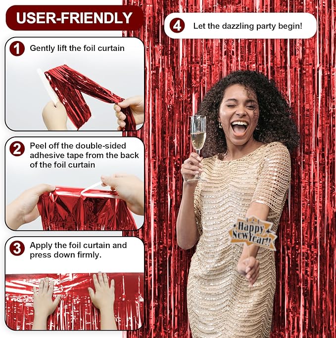 Homiest 3 Pack Red Tinsel Backdrop, 3.3x6.6 FT Metallic Tinsel Foil Fringe Curtains Party Decorations, Birthday Door Streamers for Baby Shower Wedding, Photo Booth Props Background Wall Decor