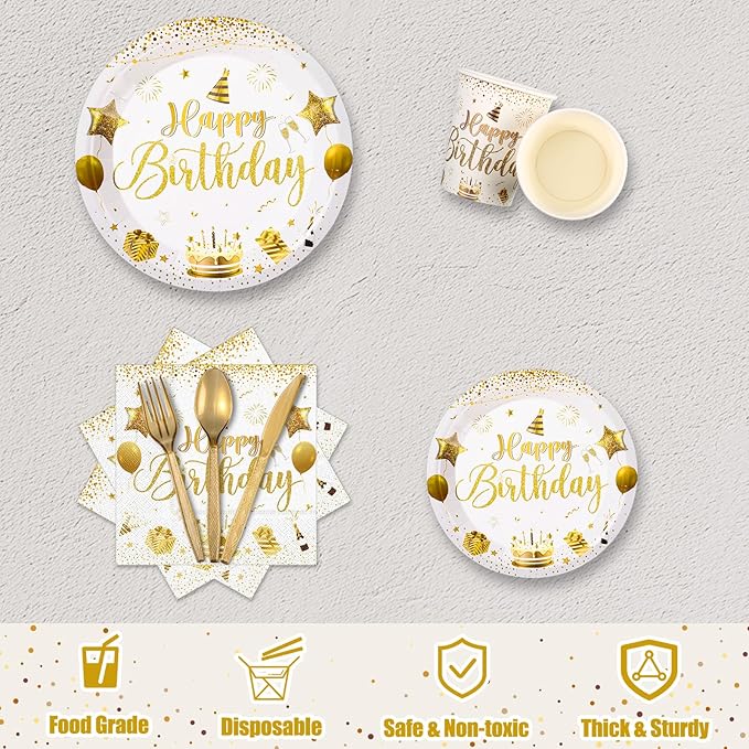 Vesici 171 Pcs Happy Birthday Party Supplies 24 Set Disposable Party Tableware include Plates Cups Napkins Cutlery and Banner Tablecloth Birthday Dinner Decorations for Men Woman(White, Gold)