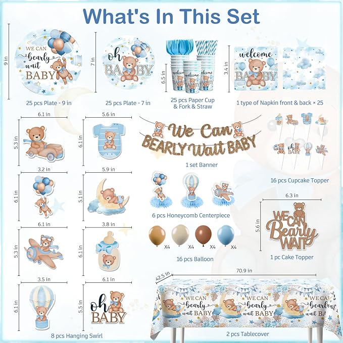 216PCS Blue Baby Shower Decorations Serves 25, Boy Baby Shower Include Banner, Plates, Balloons, Cake Topper and Tablecloths, for Baby Boy Shower Decorations