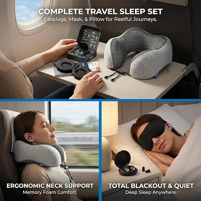 Must-Have Travel Kit Memory Foam Neck Pillow with Adjustable Fit & Removable Cover, 100% Light-Blocking Eye Mask, Reusable Noise-Reducing Earplugs, & Storage Bag Perfect Travel Essentials Set