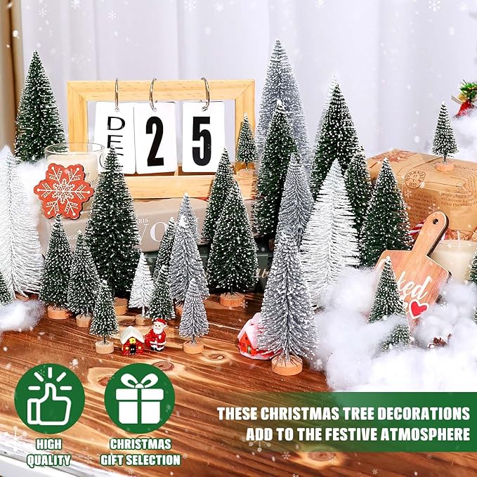 30Pcs Mini Christmas Trees Artificial Christmas Tree Bottle Brush Trees with Wooden Base for Christmas Decor Party Home Table Craft Decorations(Green+Silver+White)