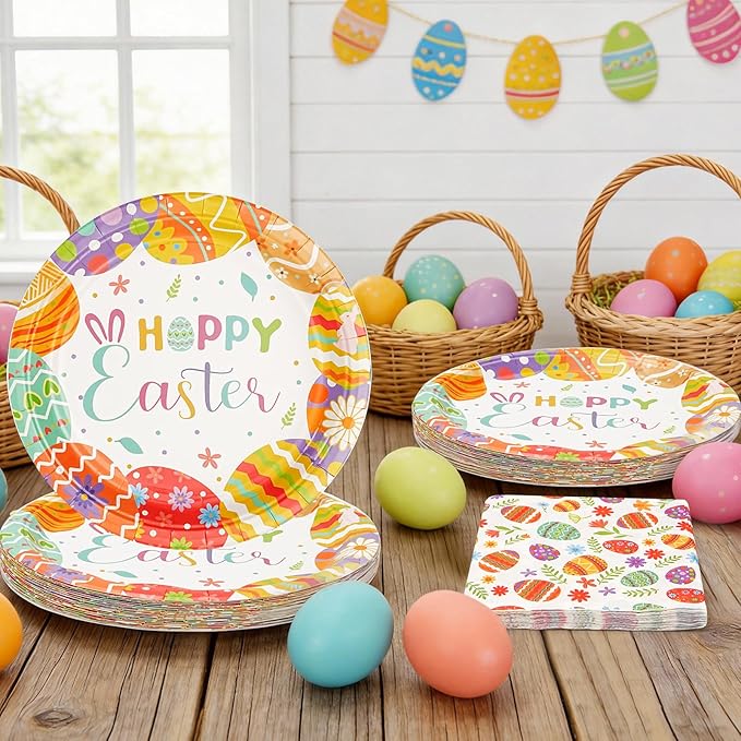 Easter Paper Plates and Napkins Set | 9 Inch Disposable Dinner Plates & Napkins for Easter Brunch, Dinner, and Party Supplies | Festive Bunny & Egg Design Tableware,Serve for 20