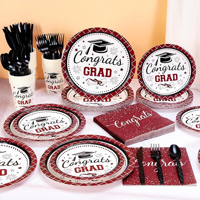 Whaline 175 Pcs Graduation Paper Plates and Napkins Set Dinnerware Maroon Congrats Grad Disposable Tableware Cups and Cutlery for 25 Guests Graduates Party Supplies