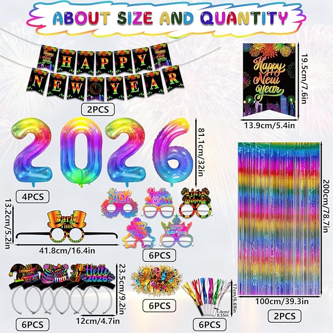 New Years Eve Party Supplies 2026 New Year Party Decorations Happy New Year Banner 2026 Foil Balloons Colorful Fringe Curtain Glasses Headbands Hats Noisemakers Wrist Wreaths New Year's Party Favors