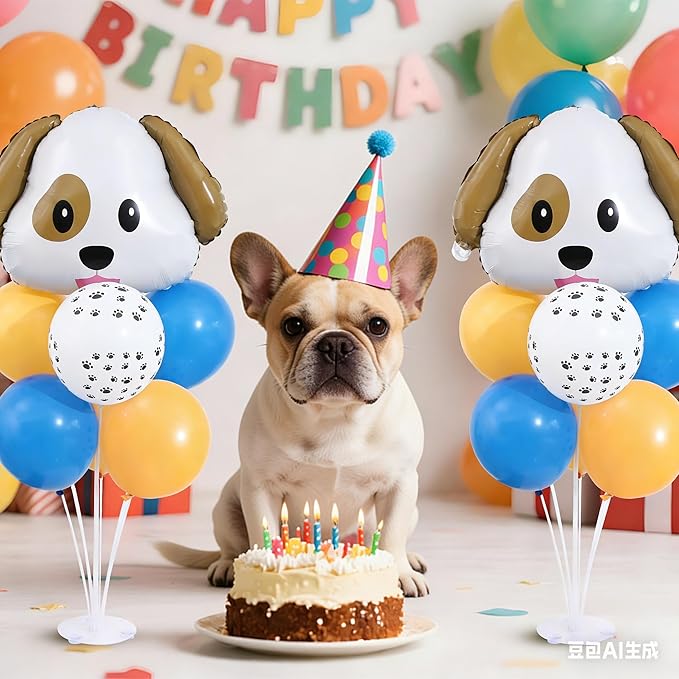 Dog Emoticon Balloon Table Centerpiece Stand Kit 2 Sets for Table with 2 PCS Dog Head Foil Balloons, 14 PCS Paw Print Yellow Blue Latex Balloons for Puppy Birthday, Doggy Party Decorations Supplies