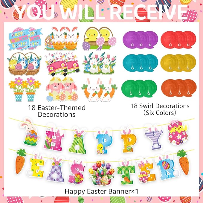 52 Pcs Easter Banner, Happy Easter Garland with Hanging Swirls, Cute Egg Bunny Sign Decorations for Office Home, Easter Party Supplies