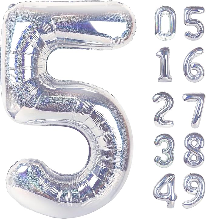 Laser Silver 5 Balloon, Number Balloons 40 Inch, 5th Birthday Balloon Decorations, Laser Silver Party Supplies, 5 Number Balloons, Number 5 Balloon