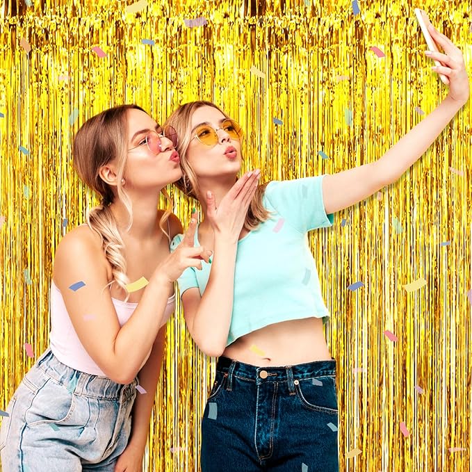 3 Pack Gold Foil Fringe Curtain Backdrop, 3.28Ft x 6.6Ft Metallic Tinsel Foil Fringe Streamer Curtains for Photo Booth, Christmas Day, Thanksgiving, Wedding, New Year Party Decorations