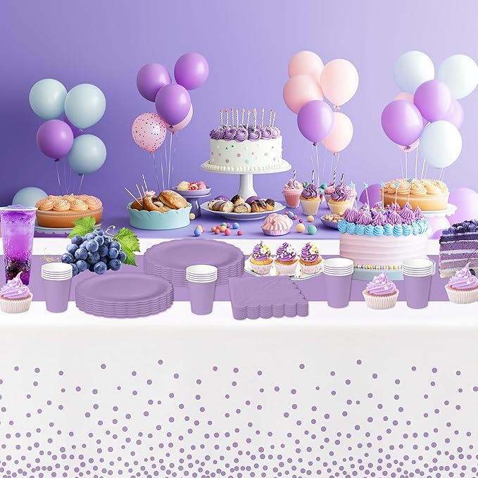 White and Purple Party Decorations Tablecloth, 3 Pack Disposable Purple Dot Table Cover Printed Table Runner for Birthday Baby Bridal Shower Wedding Anniversary Graduation, 86in x 55in