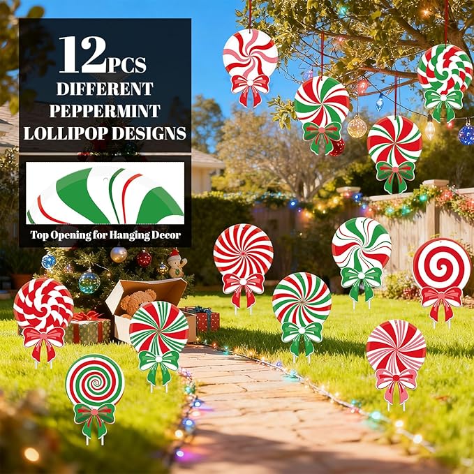 12 PCS Christmas Candy Yard Signs with LED Lights, Peppermint Lollipop Xmas Outdoor Decorations with Stakes, Christmas Garden, Yard, Lawn, Patio, Pathway Decor
