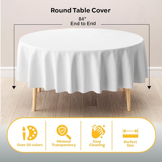 Exquisite 12-Pack Plastic Tablecloth 84 inch Round Value Pack Plastic Table Cover - White