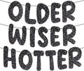 Pre-Strung Happy Birthday Banner Birthday Sign NO DIY Glitter Older Wiser Hotter Banner for Women Men 30th 40th 50th 60th 70th 80th Funny Black Birthday Decorations (Black)