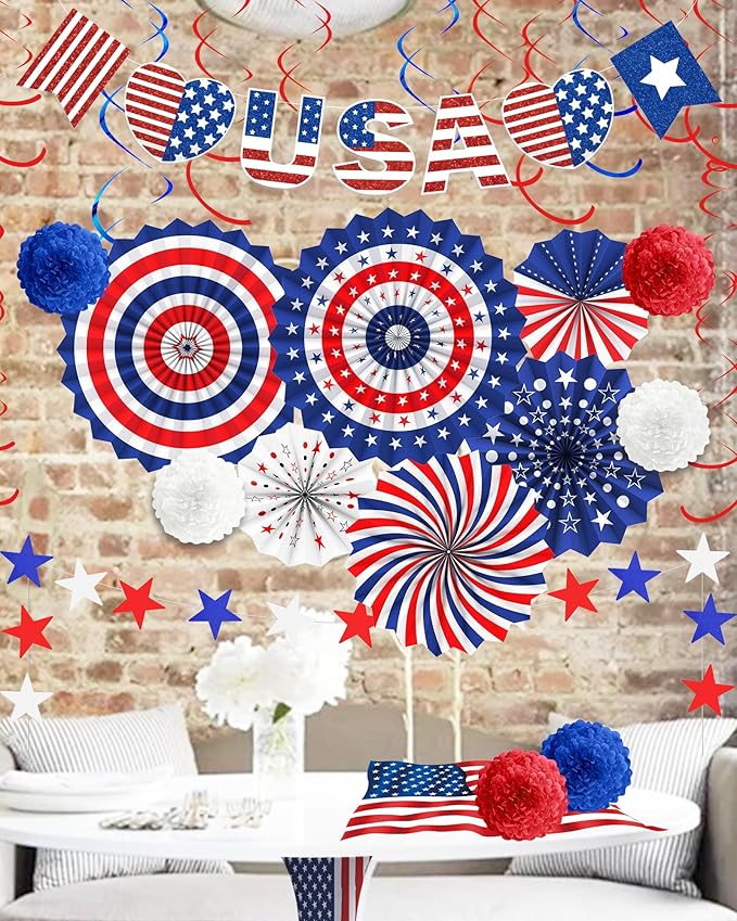 26 Pcs 4th of July Decorations Outdoor, Patriotic Decorations LOVE USA Banner Red White Blue Paper Fans Hanging Swirls Pompoms Independence Day Decor for Veterans, Memorial, Fourth of July