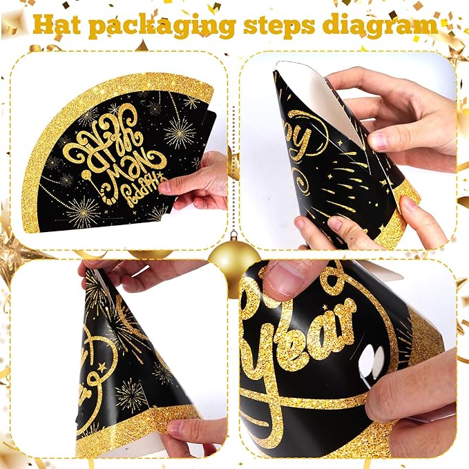 hoyuwak 24 PCS New Years Eve Party Supplies for 6 Guests Happy New Years Party Favors Decorations Including 6 Top Hat 6 Black Gold Glasses 12 Blowouts