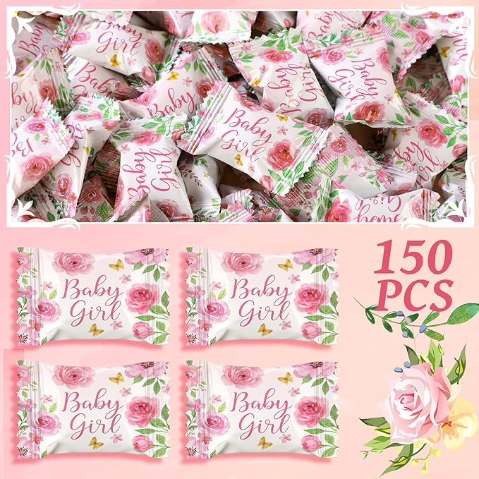 Naucoos Baby Girl Baby Shower Candy - 26.5 oz. Bag - 150 Individually Wrapped Hard to Soft Mints It's a Girl Pink Candy for Babies Shower Gender Reveal Party Favors Recovery Goodie Bags