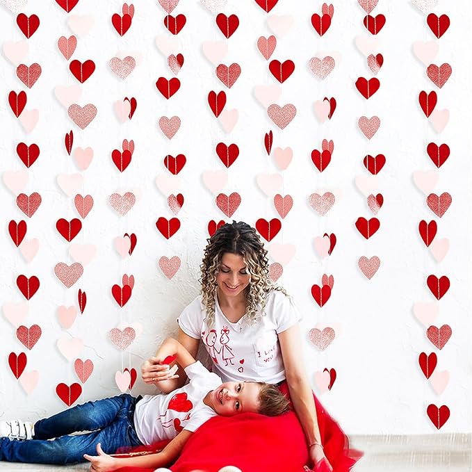 Valentines Day Decorations,Rose Gold Pink and Red Party Decorations Garland - 52Ft -Pack of 4-Heart Paper Streamers Banner for Valentines Mothers Day Bachelorette Bridal Shower Engagement Wedding