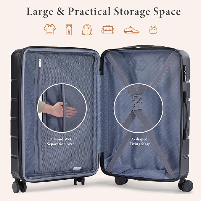 Sweetcrispy Carry on Suitcase, Luggage with Spinner Wheels, Hard Shell ABS, TSA Lock, 28 Inch Black