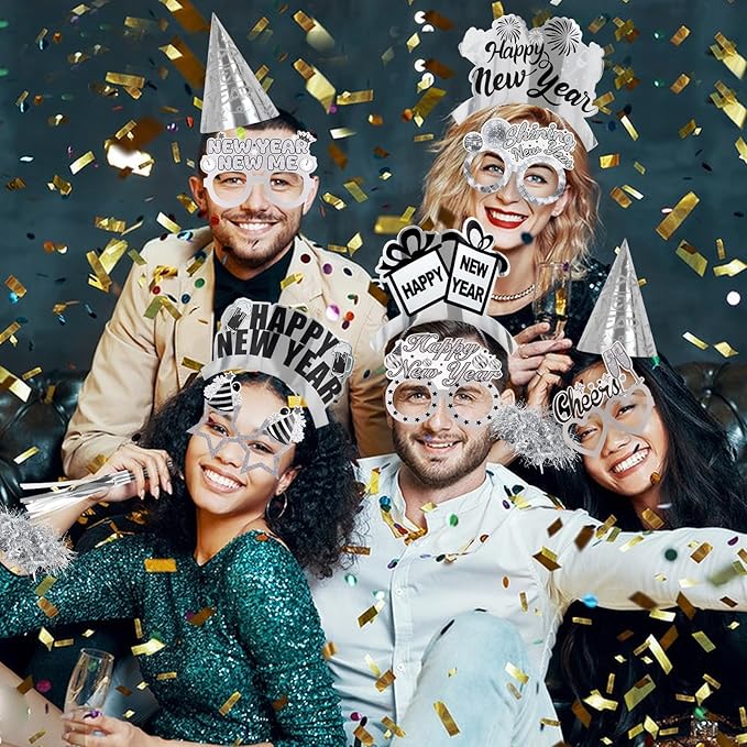 2026 Glitter NYE Party Supplies Decorations, 42pcs New Years Eve party Supplies kits Silver New Year Hats, Happy New Year Headbands, Glasses, Noisemaker, wreath for happy new year