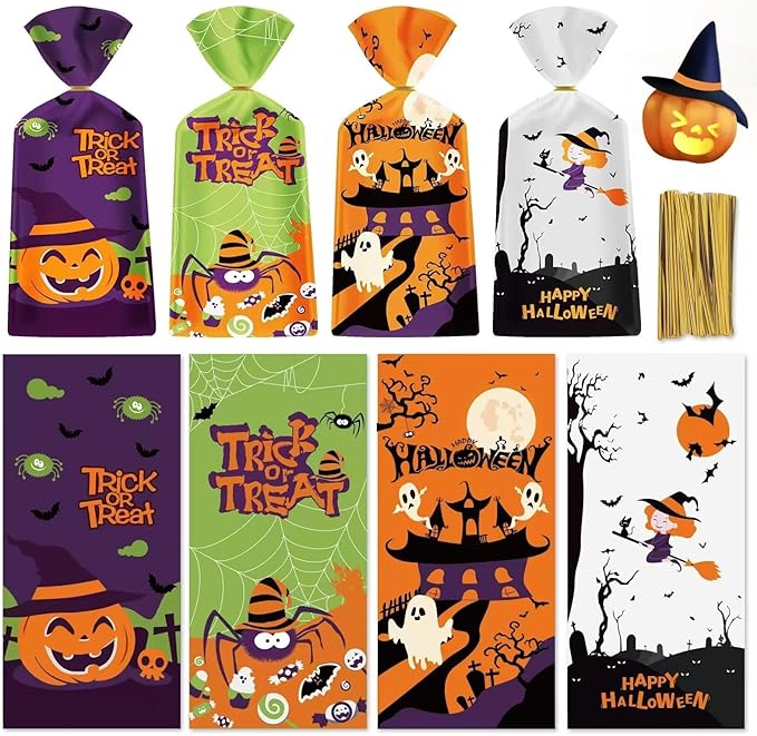 50 Pack Halloween Treat Bags - Plastic Halloween Goodie Bags, Happy Halloweens Candy Bag, Trick or Treat Snack Gift Cellophane Bags with Twist Ties for Kids Hallowen Party Birthday Supplies Favors
