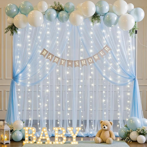 10ft x 10ft Baby Blue Tulle Photo Backdrop Curtain with Lights String for Parties Wedding Sheer Blue Curtain Backdrop for Birthday Party Baby Shower Boy Photo Booth Photography Background Decorations
