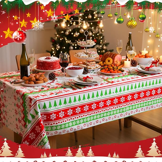 Oudain 3 Pack Christmas Tablecloths, Christmas Party Decoration, Disposable Plastic Tablecloth Rectangle 108 x 54 Inch Elk Snowflake Table Cover White Elephant Themed Decor for Xmas Party