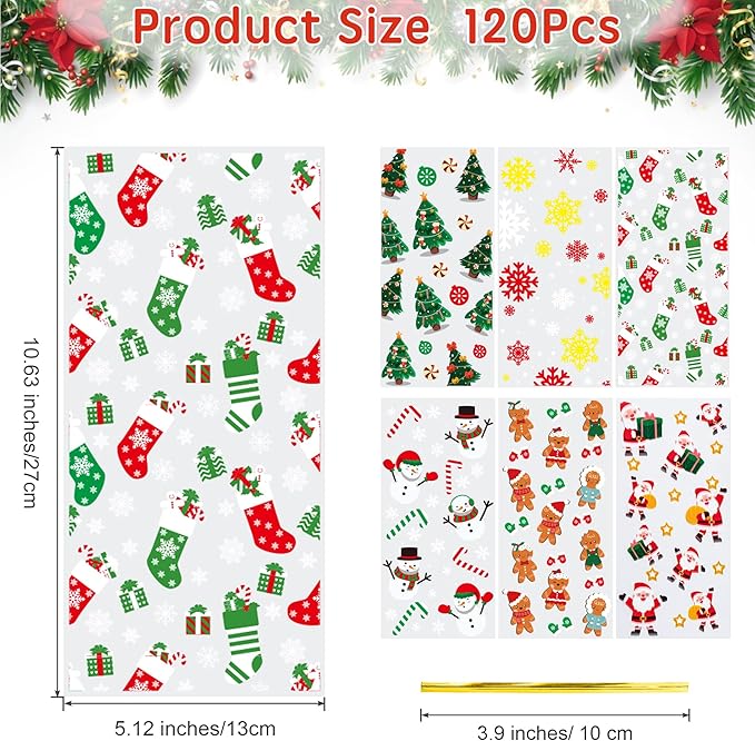 Aegero 120 Pcs Christmas Cellophane Treat Bags, Xmas Gift Candy Goodies Bags with 140 Pcs Twists for Xmas Party Favor Supplies,Kids Party Favors,Snacks Cookies Packing(10.63 x 5.12 inches,Christmas01)