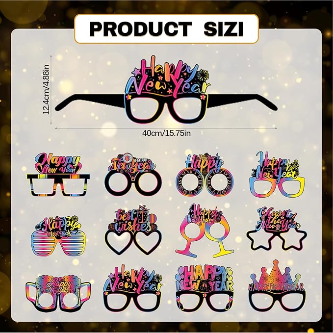 12PCS New Year Glasses, Funny New Years Eve Party Paper Glasses Photo Booth Props 2026 Eyeglasses Frames for NYE Party Supplies Decorations 2026