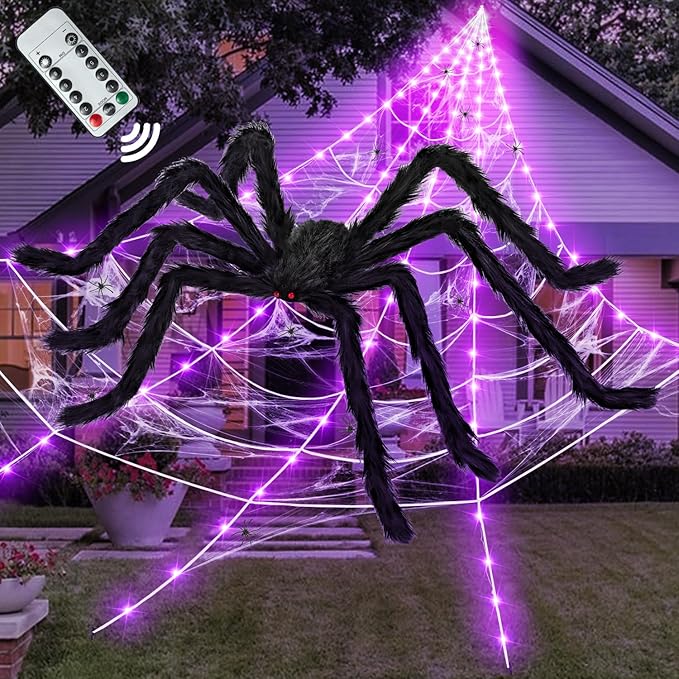 Halloween Decorations Outdoor and Indoor,250 LED Halloween Spider Web Light Decorations with 59" Giant Spider & 20g Stretch Cobweb,200" Large Light Up Spider Web for Yard(Purple)