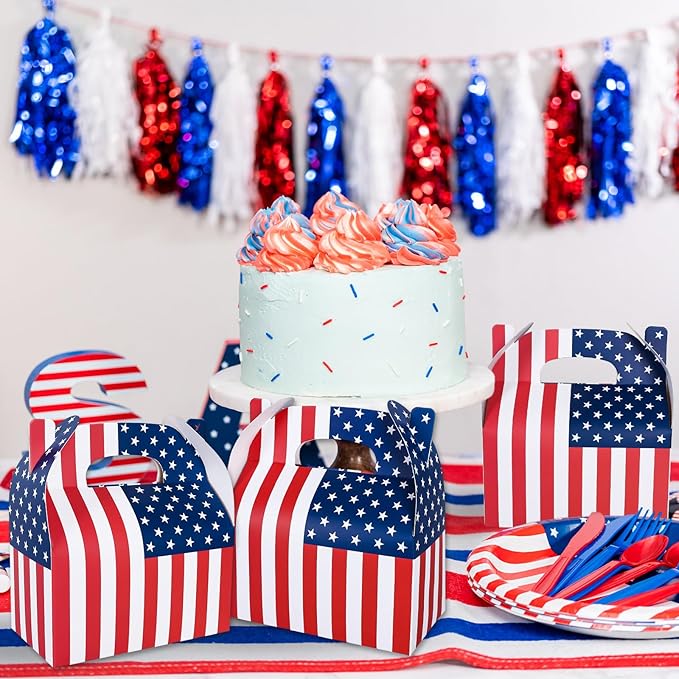 Whaline 12Pcs Patriotic Treat Box with Handle 4th of July American Flag Print Gift Boxes Independence Day Candy Goodie Boxes for Memorial Day Holiday Party Decorations