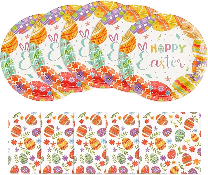 Easter Paper Plates and Napkins Set | 9 Inch Disposable Dinner Plates & Napkins for Easter Brunch, Dinner, and Party Supplies | Festive Bunny & Egg Design Tableware,Serve for 20