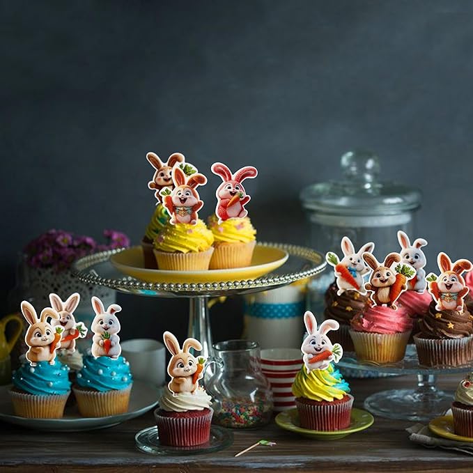 Ercadio 40 Pack Edible Easter Bunny Cupcake Toppers Rabbit Carrot Cupcake Drink Toppers for Easter Rabbit Theme Spring Birthday Baby Shower Party Decoration Supplies