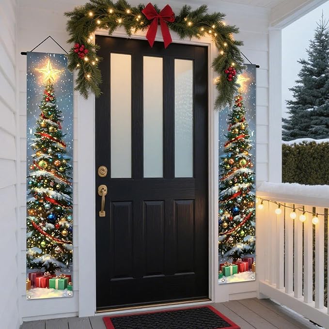 Nuxovilar Christmas Decorations Outdoor Yard Front Porch Sign Set, Lit Christmas Tree Door Banners for Front Door, Hanging Christmas Door Decorations for Home Indoor Outdoor Wall Yard