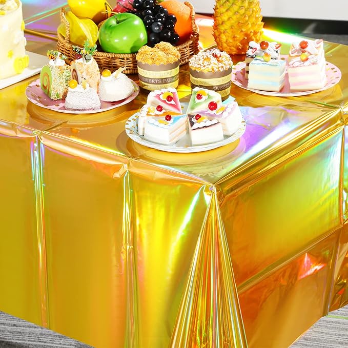 4 Pack Gold Iridescent Plastic Tablecloths Shiny Disposable Laser Rectangle Table Covers Holographic Foil Tablecloth Iridescent Party Decorations Birthday Bridal Wedding Christmas, 54 x 108 Inch
