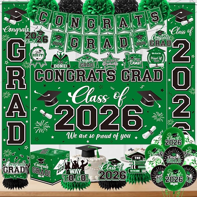 Graduation Decorations 2026 Green Party Decor Set with Congrats Grad Banner, Class of 2026 Backdrop, Balloons, Box & Streamers Supplies for High School & College Celebrations