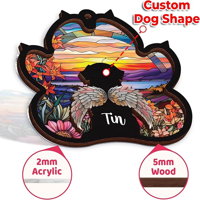 Personalized Angel Dog Memorial Suncatcher, Paw Suncatcher Remembrance Gift, Engraved Pet Memorial Ornament, Pet Sympathy Keychain, Loss of Animal Sympathy Card, Rainbow Bridge Dog Loss Gift