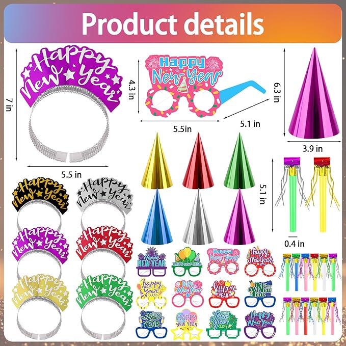 Openfly 36Pcs New Years Eve Party Supplies 2026 Happy New Year Hats Headband Tiara Noise Makers Paper Glasses Party Favors
