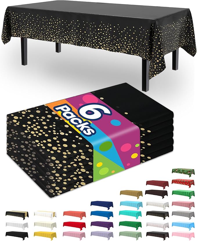 Pureegg Plastic Table Cloth Disposable 6 Pack, 54 x 108 Inch Table Cloths, Graduation Decorations Class of 2025, Graduation Tablecloths, Rectangle, Plastic Cover, Waterproof, Black and Gold