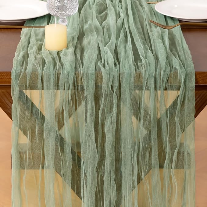 Socomi Sage Green Cheesecloth Table Runner Tulle Gauze Cheese clothBoho Rustic 120 inch 10FT Runner for Wedding Party Baby Shower Birthday Holiday Decorations 1pc