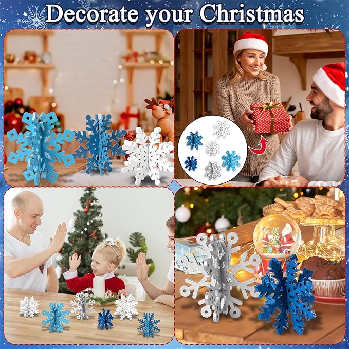 OuMuaMua 18 Sets Winter Christmas Centerpiece Table Decorations - 36pcs Wooden Snowflakes Decor 3D White Blue Snowflake Tabletop Decor for Xmas Holiday Tiered Tray Winter Farmhouse Home Decor