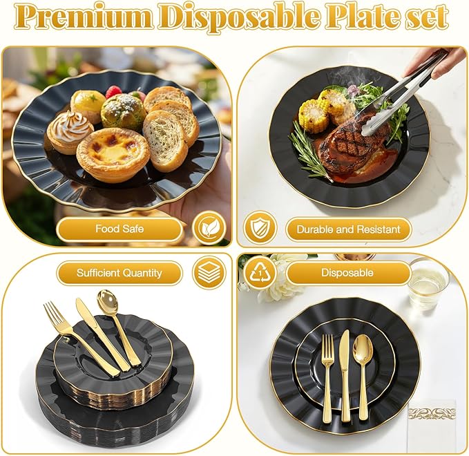 175 Plastic Dinnerware Set Party Supplies Disposable Dinnerware Set for 25 Guests Include 50 Plastic Plates,25 Silverware Set,25 Cups and 25 Napkins Plastic Plates for Party Wedding（Black and Gold）