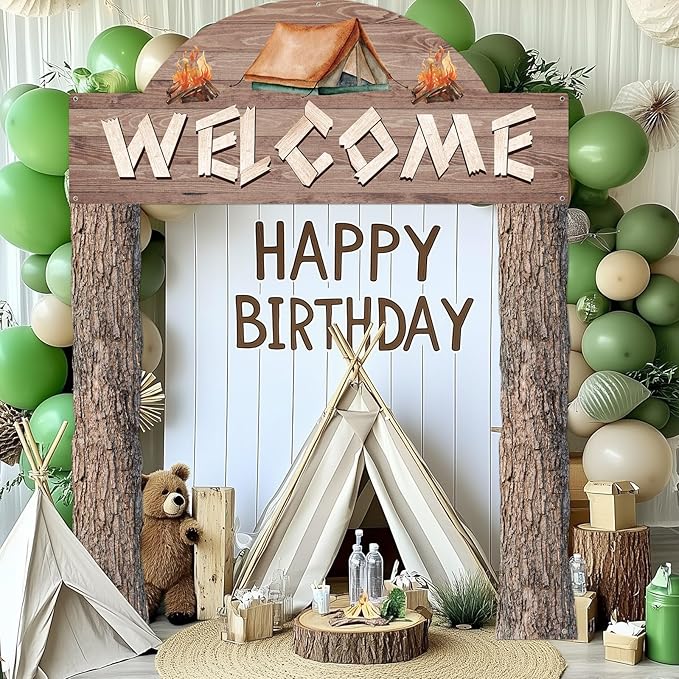 Peryiter 3 Pcs Camping Themed Party Decorations Banner Welcome Porch Sign with 1 Double Sided Tape for Summer Camp Birthday Hawaii Baby Shower Themed Party Activity Decor Door(Natural Style)