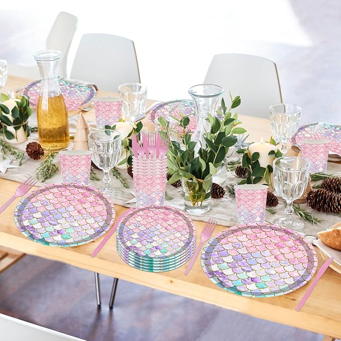144PCS Mermaid Party Tableware Set Mermaid Birthday Party Supplies Mermaid Plates Napkins Cups Forks Knives Mermaid Party Decorations Birthday Bridal Shower Baby Shower Decorations Serve 24
